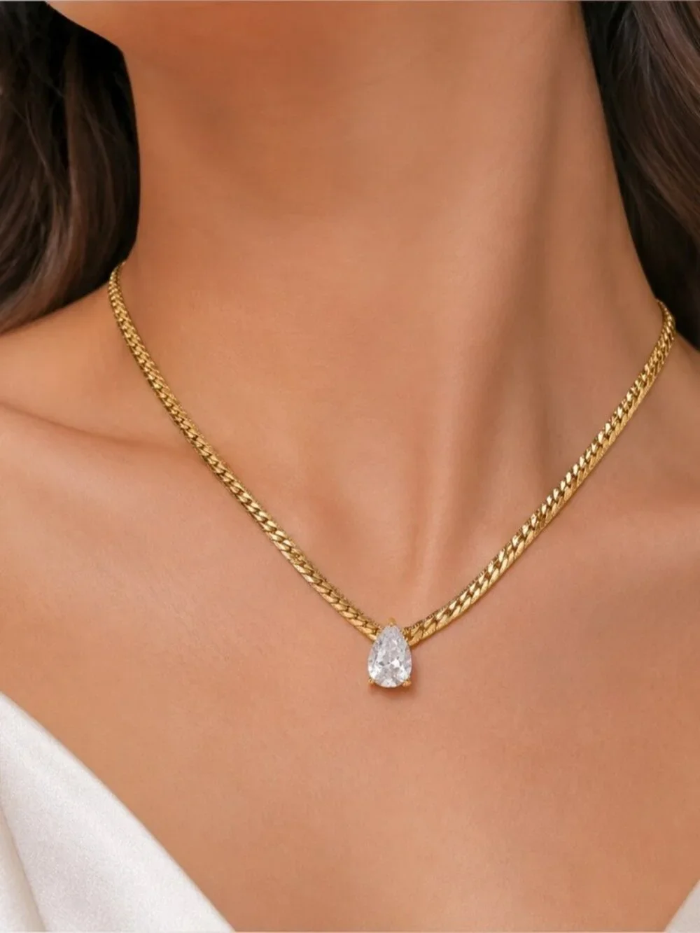 Fashion 18K Gold Plated Bling Cubic Zirconia Stainless Steel Necklace